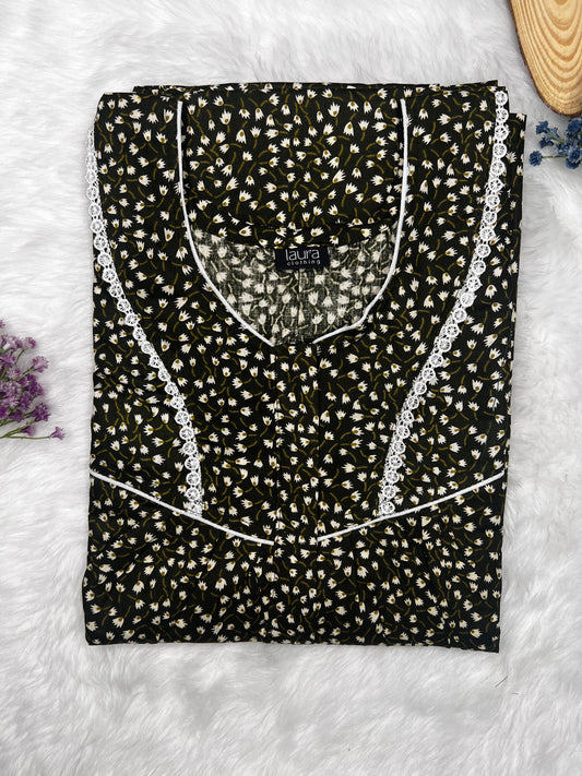 Bistre Printed Round Neck Centre Long 12" Zip Pure Cotton Feeding Nighty Free Size Short Sleeve (Suits for bra size 34″- 40″ | 54-56 inch length)