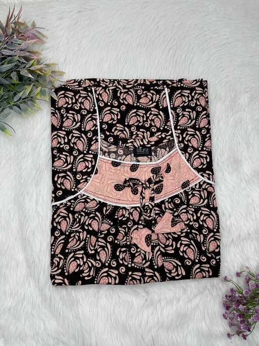 Bazaar and Onyx Printed Square Neck No Zip Pleated Pure Cotton Nighty Free Size Short Sleeve (Suits for bra size 34″- 40″ | 54-56 inch length)