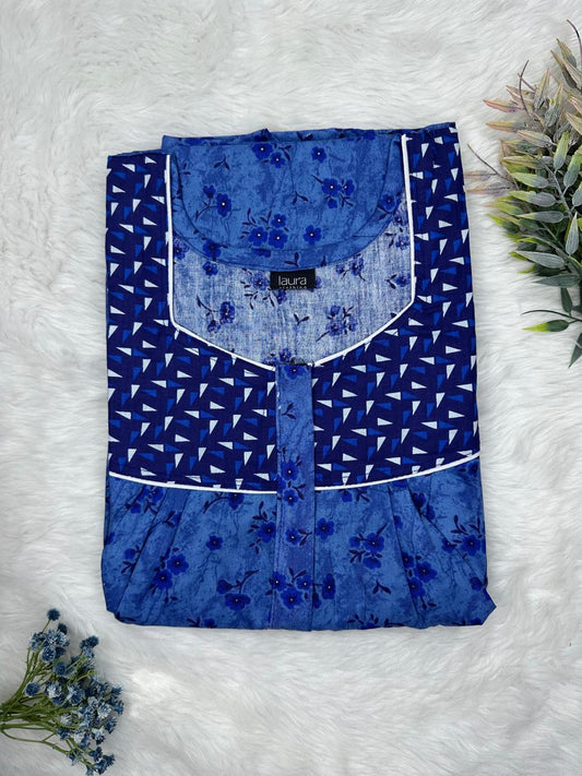 Smalt Printed Mix N Match Square Neck Pleated Cotton Nighty With Centre -8″ Zip Short Sleeve Free Size (Suits for bra size 34″- 40″ | 54-56 inch length )