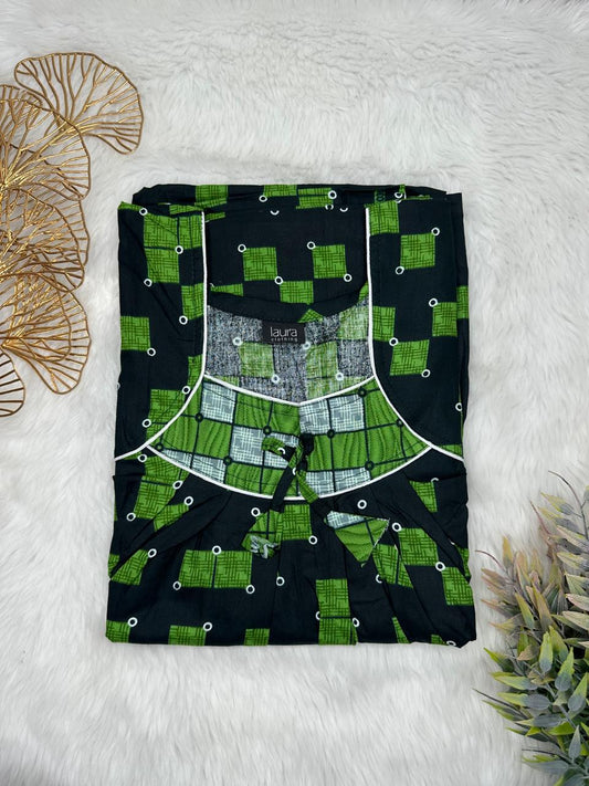 Olive Drab and Onyx Floral Printed Square Neck No Zip Pleated Pure Cotton Nighty Free Size Short Sleeve (Suits for bra size 34″- 40″ | 54-56 inch length)