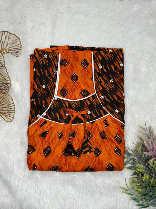 Rufous Printed Front and Seal Brown Pleated Pure Cotton Nighty Free Size Short Sleeve (Suits for bra size 34″- 40″ | 54-56 inch length)