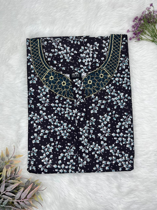 Onyx and Teal Blue Printed 8" Long Zip Matching Embroidery Neck Pure Cotton Feeding Nighty Plus Size Short Sleeve (Suits for bra size 40″- 46″ | 54"-56" inch length)