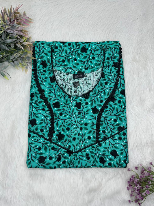 Cadet Blue Printed Round Neck Normal Zip Pure Cotton Nighty Free Size Short Sleeve (Suits for bra size 34″- 40″ | 54-56 inch length)