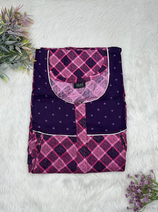 Sky Magenta and Dark Indigo Printed Round Neck Pleated Pure Cotton Feeding Nighty With Two Side Vertical Zip and Single Centre Zip Free Size Short Sleeve (Suits for bra size 34″- 40″ | 54-56 inch length)