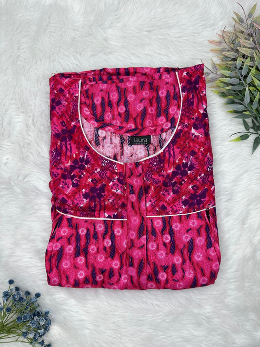 Vivid Burgundy and Dogwood Rose Printed Round Neck Pleated Pure Cotton Feeding Nighty With Two Side Vertical Zip and Single Centre Zip Free Size Short Sleeve (Suits for bra size 34″- 40″ | 54-56 inch length)