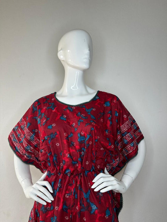 Burgundy and Dark Cerulean printed Pure Cotton V-Neck Kaftan With Matching Border Lace And Adjustable Tie Free Size (Suits for bra size 34″- 40″) | 54-56 Inch Length