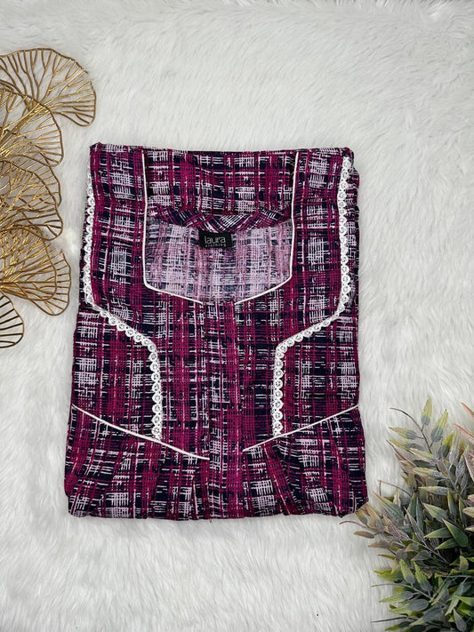 Pansy Purple Printed Square Neck Centre Long 12" Zip Pure Cotton Feeding Nighty Free Size Short Sleeve (Suits for bra size 34″- 40″ | 54-56 inch length)