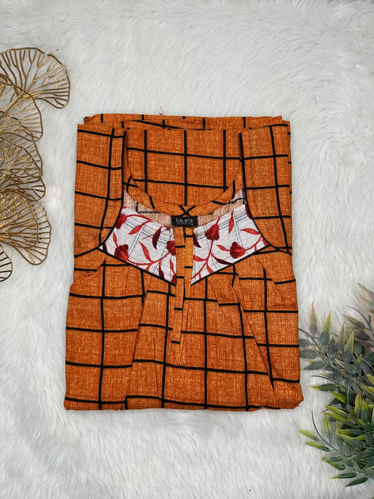 Ruddy Brown Printed Square Neck Pleated Zip Pure Cotton Nighty Free Size Short Sleeve (Suits for bra size 34″- 40″ | 54-56 inch length)