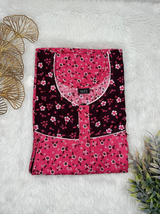 Bright Maroon and Seal Brown Printed Round Neck Pleated Pure Cotton Feeding Nighty With Two Side Vertical Zip and Single Centre Zip Free Size Short Sleeve (Suits for bra size 34″- 40″ | 54-56 inch length)