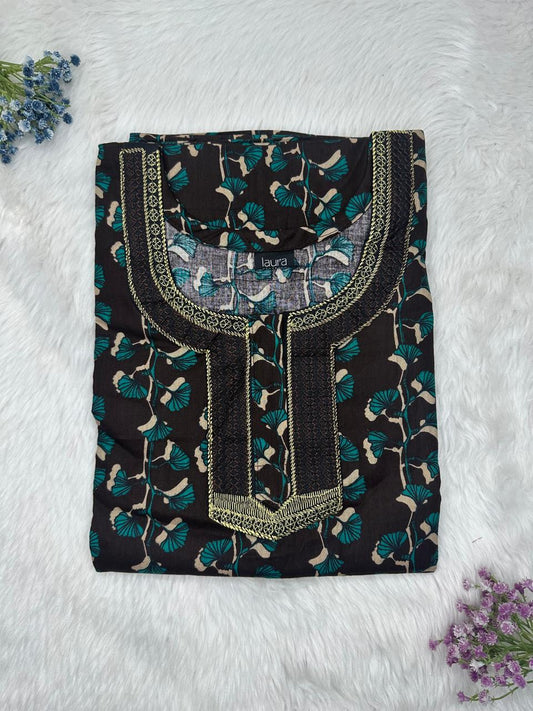 Smoky Black Printed Normal Zip Pure Cotton Matching Neck Embroidery Nighty Free Size Short Sleeve (Suits for bra size 34″- 40″ | 54-56 inch length)