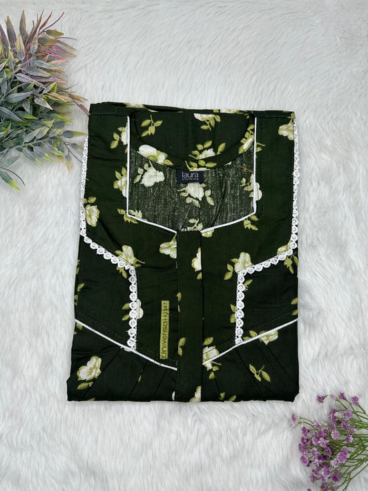 Dark Jungle Green Printed Square Neck Centre Long 12" Zip Pure Cotton Feeding Nighty Free Size Short Sleeve (Suits for bra size 34″- 40″ | 54-56 inch length)