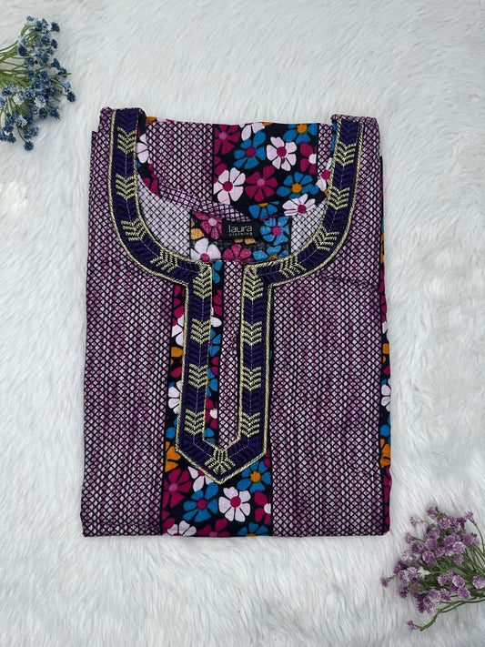 Twilight Lavender Printed Normal Zip Embroidery Neck Pure Cotton Nighty Plus Size Short Sleeve (Suits for bra size 40″- 46″ | 54-56 inch length)