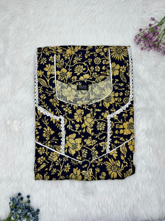 Ecru and Onyx Printed Square Neck Centre Long 12" Zip Pure Cotton Feeding Nighty Free Size Short Sleeve (Suits for bra size 34″- 40″ | 54-56 inch length)