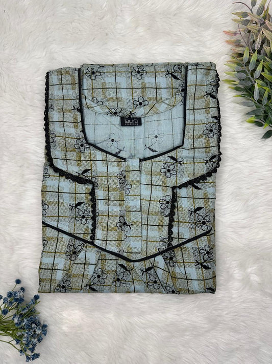 Pastel Blue Flower Printed Square Neck Normal Zip Pure Cotton Nighty Free Size Short Sleeve (Suits for bra size 34″- 40″ | 54-56 inch length)