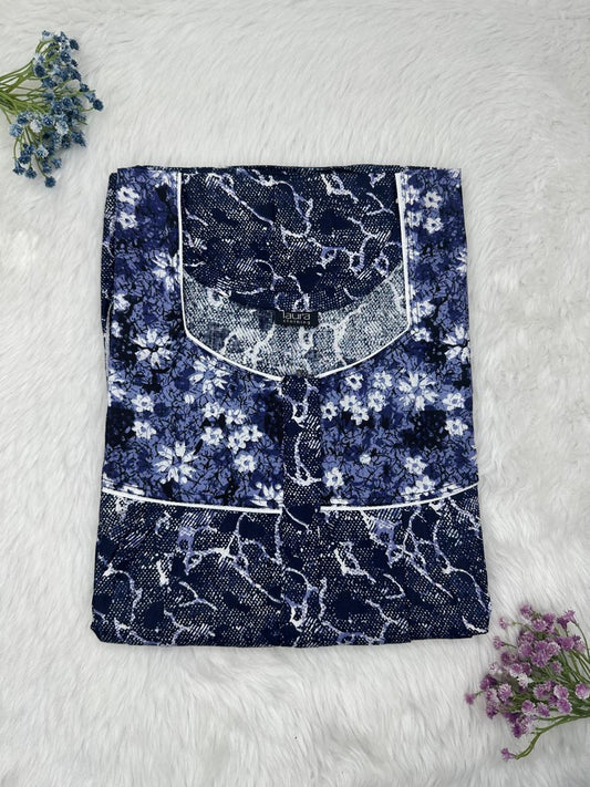 UCLA Blue Printed Mix N Match Square Neck Pleated Cotton Nighty With Centre -8″ Zip Short Sleeve Free Size (Suits for bra size 34″- 40″ | 54-56 inch length )