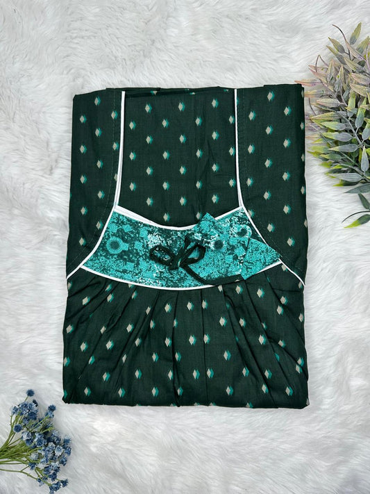 Dark Jungle Green Printed Front and Claret Pleated Pure Cotton Nighty Free Size Short Sleeve (Suits for bra size 34″- 40″ | 54-56 inch length)