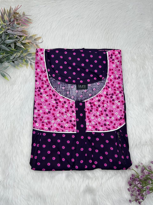 Sky Magenta and Onyx Printed Round Neck Pleated Pure Cotton Feeding Nighty With Two Side Vertical Zip and Single Centre Zip Free Size Short Sleeve (Suits for bra size 34″- 40″ | 54-56 inch length)