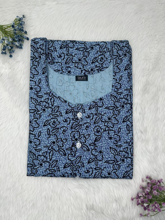 Dark Pastel Blue Printed Round Neck Pure Cotton Full Open Button Labour Room Nighty Free Size Short Sleeve (Suits for bra size 34″- 40″ | 54-56 inch length)