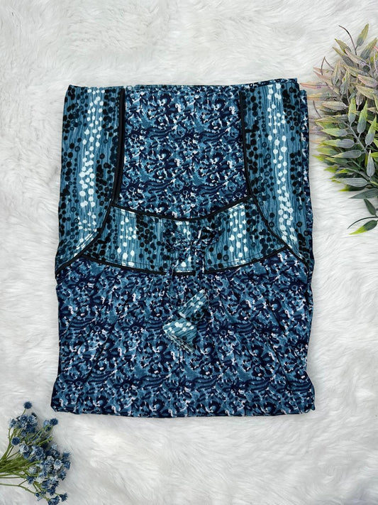 Pale cerulean Printed Front and Pleated Pure Cotton Nighty Free Size Short Sleeve (Suits for bra size 34″- 40″ | 54-56 inch length)
