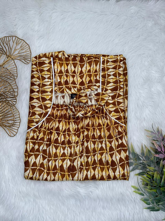 Khaki and Dark Brown Printed Pure Cotton Square Neck Elastic Pleated Nighty Free Size Short Sleeve (Suits for bra size 34″- 40″ | 54-56 inch length)