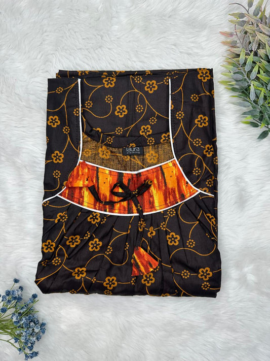 Seal Brown Printed Square Neck No Zip Pleated Pure Cotton Nighty Free Size Short Sleeve (Suits for bra size 34″- 40″ | 54-56 inch length)