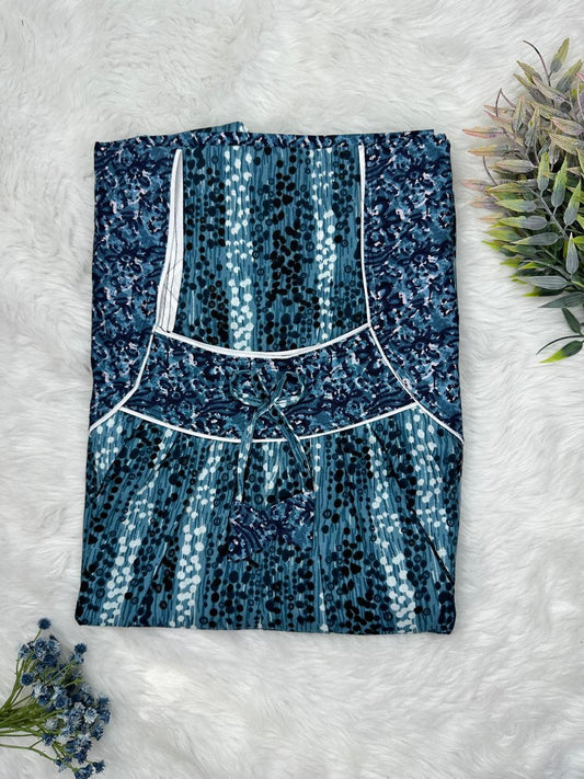 Payne Grey Printed Front and Pleated Pure Cotton Nighty Free Size Short Sleeve (Suits for bra size 34″- 40″ | 54-56 inch length)