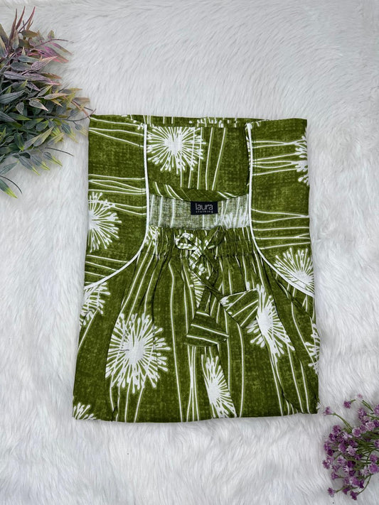 Army Green Printed Cotton Square Neck Elastic Pleated Nighty Free Size Short Sleeve (Suits for bra size 34″- 40″ | 54-56 inch length)