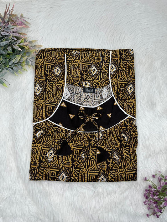 Dark Tan and Onyx Printed Square Neck No Zip Pleated Pure Cotton Nighty Free Size Short Sleeve (Suits for bra size 34″- 40″ | 54-56 inch length)