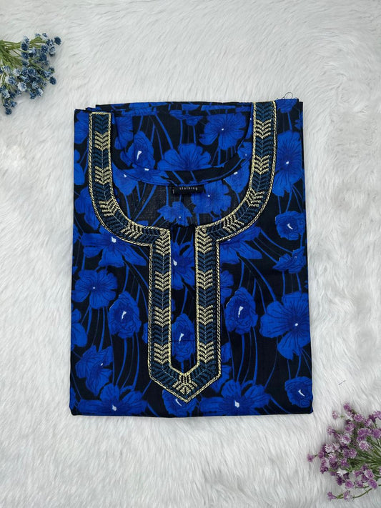 Royal Azure Printed Normal Zip Pure Cotton Matching Neck Embroidery Nighty Free Size Short Sleeve (Suits for bra size 34″- 40″ | 54-56 inch length)