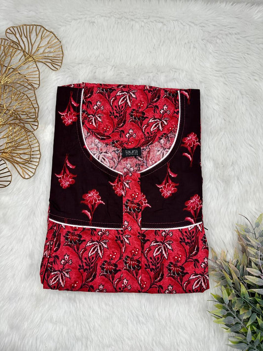 Deep Carmine and Smoky Black Green Printed Round Neck Pleated Pure Cotton Feeding Nighty With Two Side Vertical Zip and Single Centre Zip Free Size Short Sleeve (Suits for bra size 34″- 40″ | 54-56 inch length)