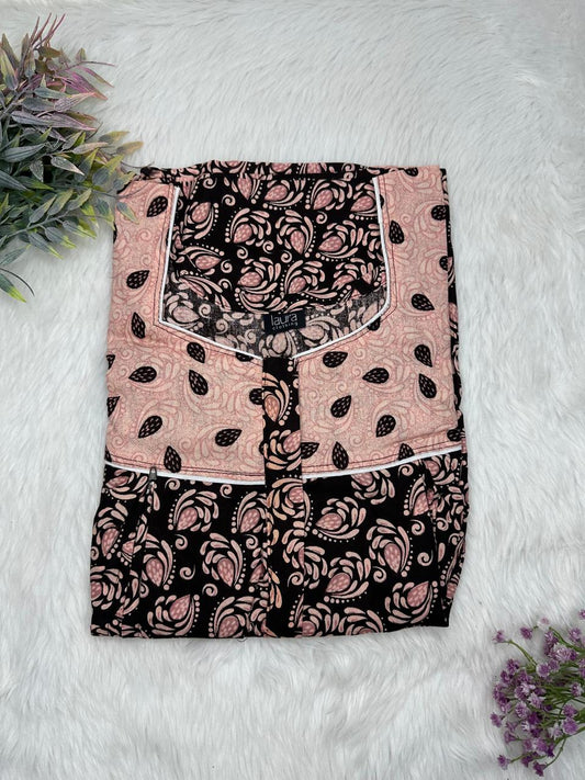 Rosy Brown and Onyx Printed Square Neck Pleated Pure Cotton Feeding Nighty With Two Side Vertical Zip and Single Centre Zip Free Size Short Sleeve (Suits for bra size 34″- 40″ | 54-56 inch length)