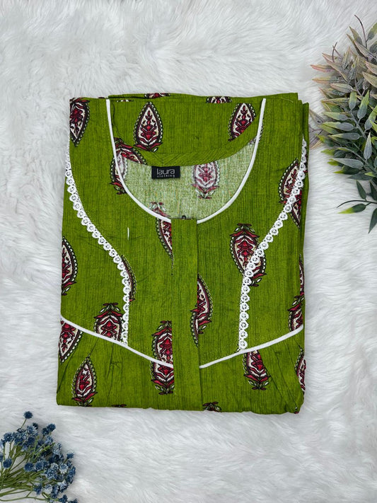 Olive Drab Printed Round Neck Centre Long 12" Zip Pure Cotton Feeding Nighty Free Size Short Sleeve (Suits for bra size 34″- 40″ | 54-56 inch length)