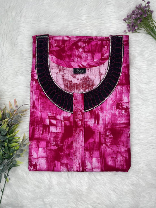 Raspberry Pink Printed 12" Long Zip Pure Cotton Matching Neck Embroidery Feeding Nighty Free Size Short Sleeve (Suits for bra size 34″- 40″ | 54-56 inch length)