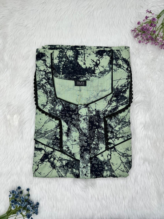 Laurel Green Printed Square Neck Centre Long 12" Zip Pure Cotton Feeding Nighty Free Size Short Sleeve (Suits for bra size 34″- 40″ | 54-56 inch length)