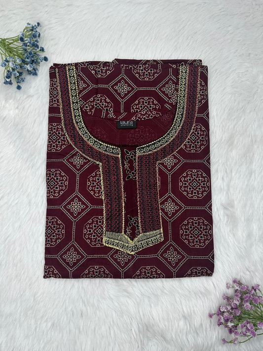 Seal Brown Printed Normal Zip Embroidery Neck Pure Cotton Nighty Plus Size Short Sleeve (Suits for bra size 40″- 46″ | 54-56 inch length)