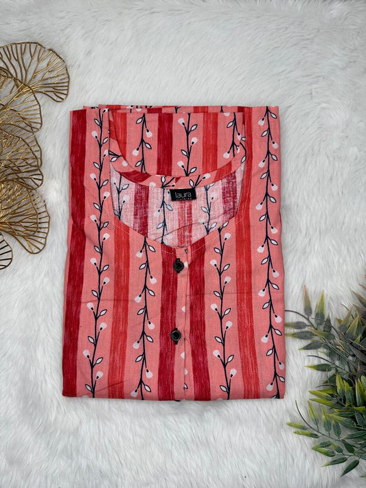 firebrick and Candy Pink Printed Square Neck Pure Cotton Full Open Button Labour Room Nighty Free Size Short Sleeve (Suits for bra size 34″- 40″ | 54-56 inch length)
