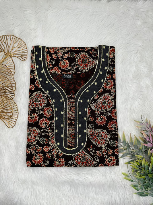 Onyx and Rosewood Printed Normal Zip Pure Cotton Matching Neck Embroidery Feeding Nighty Free Size Short Sleeve (Suits for bra size 34″- 40″ | 54-56 inch length)