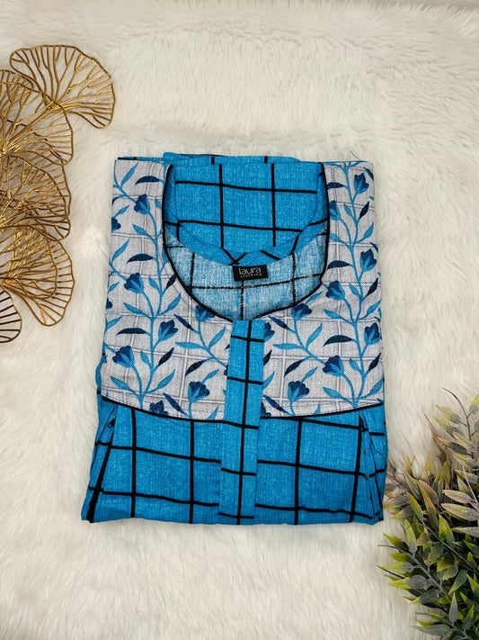 Rich Electric Blue and Silver Printed Round Neck Pleated Pure Cotton Feeding Nighty With Two Side Vertical Zip and Single Centre Zip Free Size Short Sleeve (Suits for bra size 34″- 40″ | 54-56 inch length)