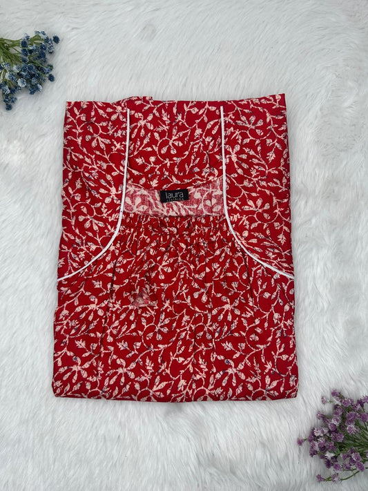 Maroon Printed Cotton Square Neck Elastic Pleated Nighty Free Size Short Sleeve (Suits for bra size 34″- 40″ | 54-56 inch length)