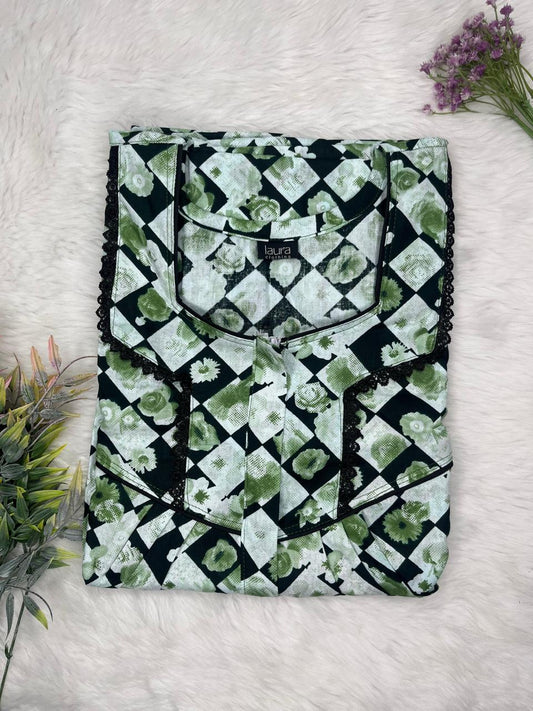 Ash Grey Printed Mix and Match Square Neck Centre Long 12" Zip Pure Cotton Feeding Nighty Free Size Short Sleeve (Suits for bra size 34″- 40″ | 54-56 inch length)