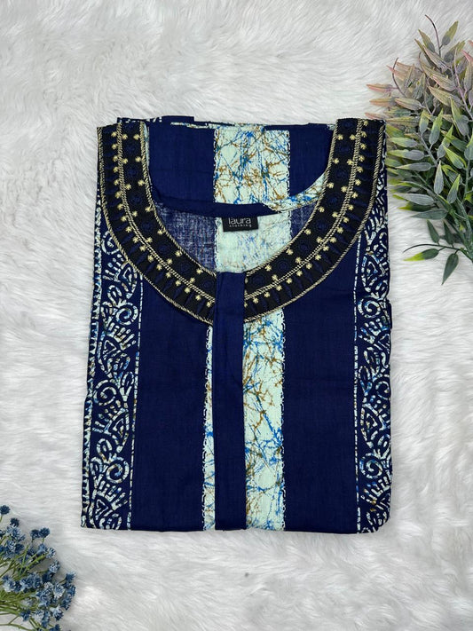 Oxford Blue Printed 12" Long Zip Matching Embroidery Neck Pure Cotton Feeding Nighty Plus Size Short Sleeve (Suits for bra size 40″- 46″ | 54"-56" inch length)