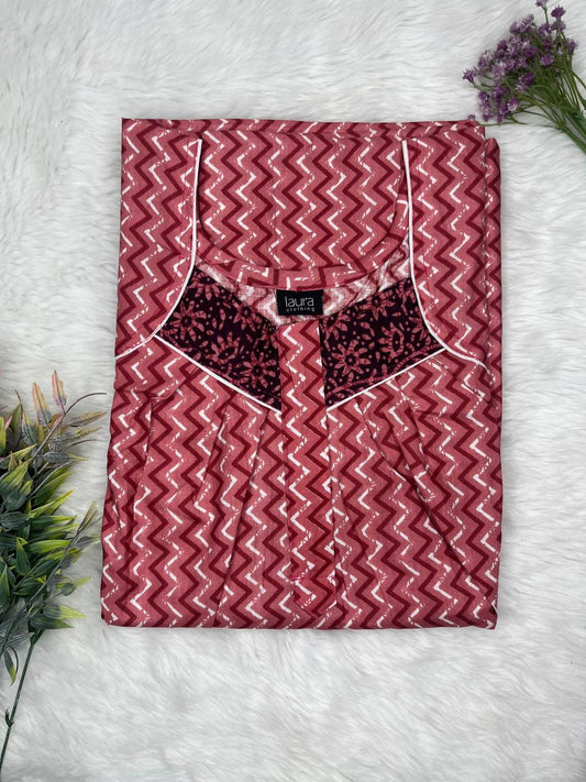 Rose Vale Printed Square Neck Pleated Zip Pure Cotton Nighty Free Size Short Sleeve (Suits for bra size 34″- 40″ | 54-56 inch length)