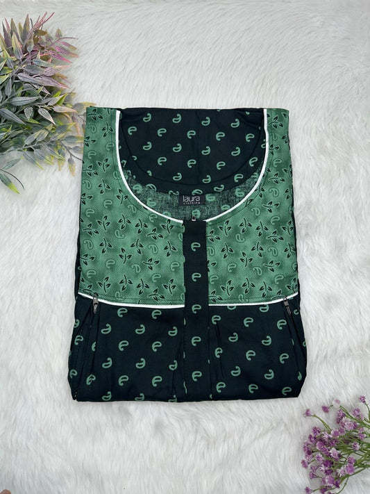 Hooker Green and Dark Jungle Green Printed Round Neck Pleated Pure Cotton Feeding Nighty With Two Side Vertical Zip and Single Centre Zip Free Size Short Sleeve (Suits for bra size 34″- 40″ | 54-56 inch length)