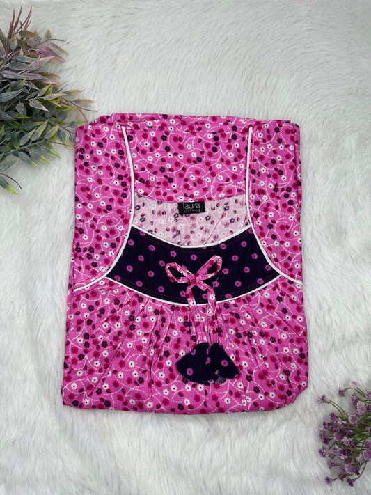 Mulberry Printed Square Neck No Zip Pleated Pure Cotton Nighty Free Size Short Sleeve (Suits for bra size 34″- 40″ | 54-56 inch length)