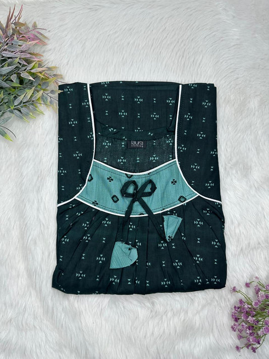 Rich Black Printed Square Neck No Zip Pleated Pure Cotton Nighty Free Size Short Sleeve (Suits for bra size 34″- 40″ | 54-56 inch length)