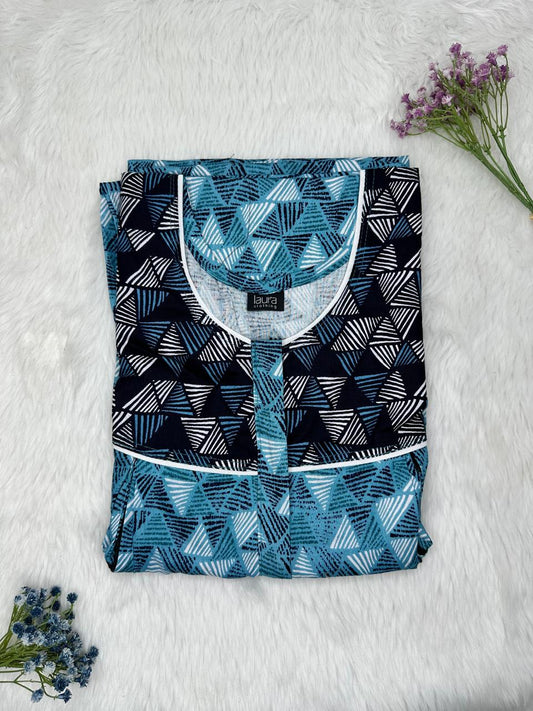 Rackley and Oxford Blue Printed Round Neck Pleated Pure Cotton Feeding Nighty With Two Side Vertical Zip and Single Centre Zip Free Size Short Sleeve (Suits for bra size 34″- 40″ | 54-56 inch length)