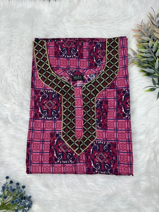 Mulberry Printed Normal Zip Pure Cotton Matching Neck Embroidery Nighty Free Size Short Sleeve (Suits for bra size 34″- 40″ | 54-56 inch length)