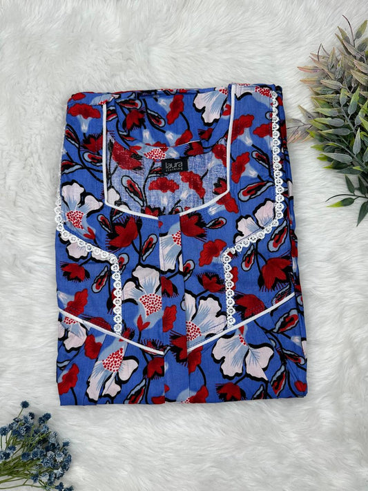 Denim Printed Square Neck Centre Long 12" Zip Pure Cotton Feeding Nighty Free Size Short Sleeve (Suits for bra size 34″- 40″ | 54-56 inch length)