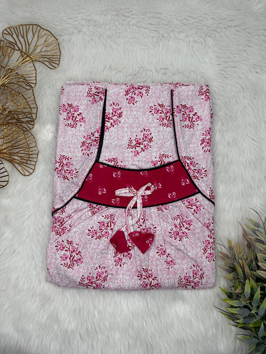 Burgundy Printed Front and Rose Quartz Pleated Pure Cotton Nighty Free Size Short Sleeve (Suits for bra size 34″- 40″ | 54-56 inch length)