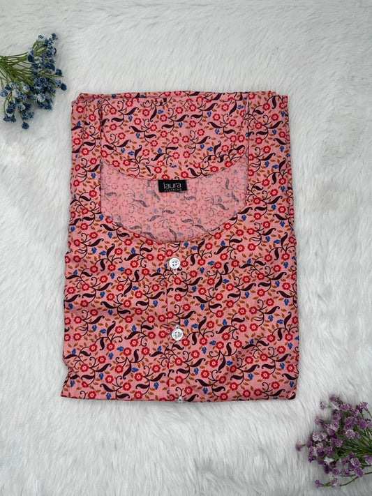 Ruddy Pink and Red Brown Printed Round Neck Pure Cotton Full Open Button Labour Room Nighty Free Size Short Sleeve (Suits for bra size 34″- 40″ | 54-56 inch length)